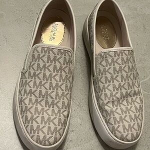 Michael Kors Beige/Light Brown MK Logo Slip-On Sneakers